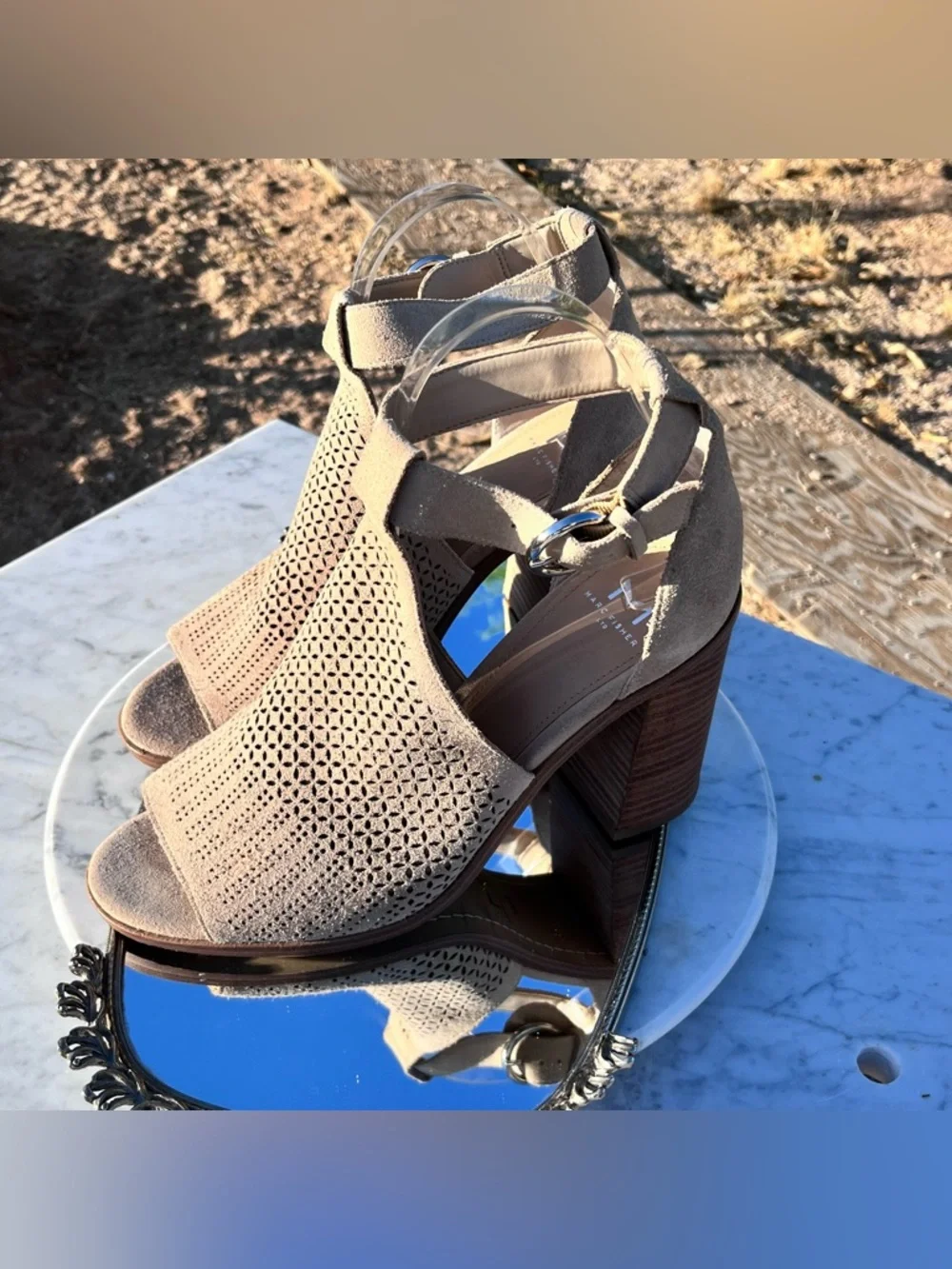 Marc Fisher Vixen Peep Toe City Sandal, 9.5, Tan Perforated Suede, 3.75” Heel - Picture 4 of 15
